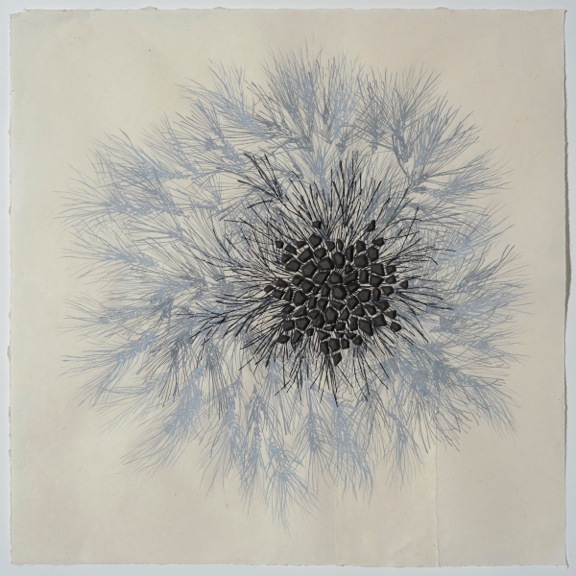 2015, Black clay, gouache, thread, Lokta paper, 20 x 20"