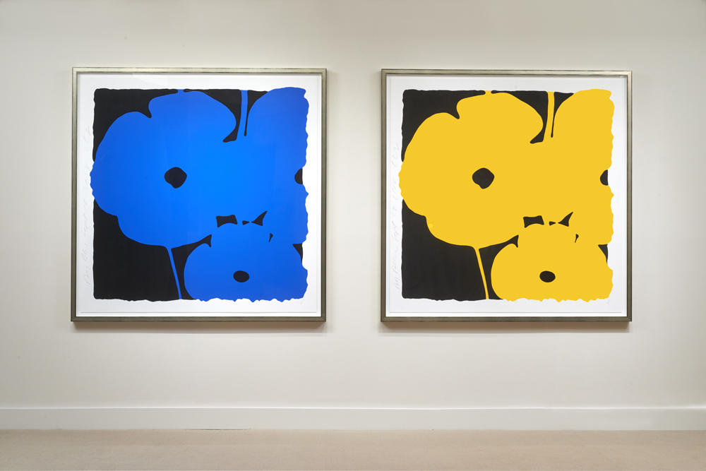 Big Poppies Blue and Yellow, 2014 silkscreen and flocking 60 x 60 in each ed. 30 installation at Meyerovich Gallery