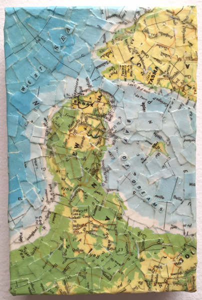 Torn map collage on canvas.  6 x 4 in.