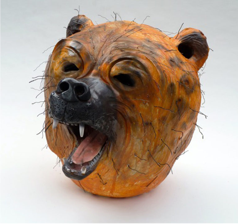 Bear, low fire ceramic, smoked Terra sigillata, mixed media, 14x14x16"