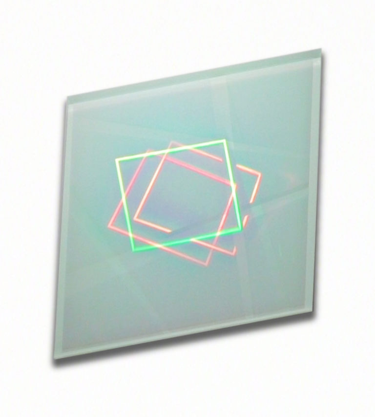 2017, holograms laminated in glass, 14 x 14 x 1 inches.