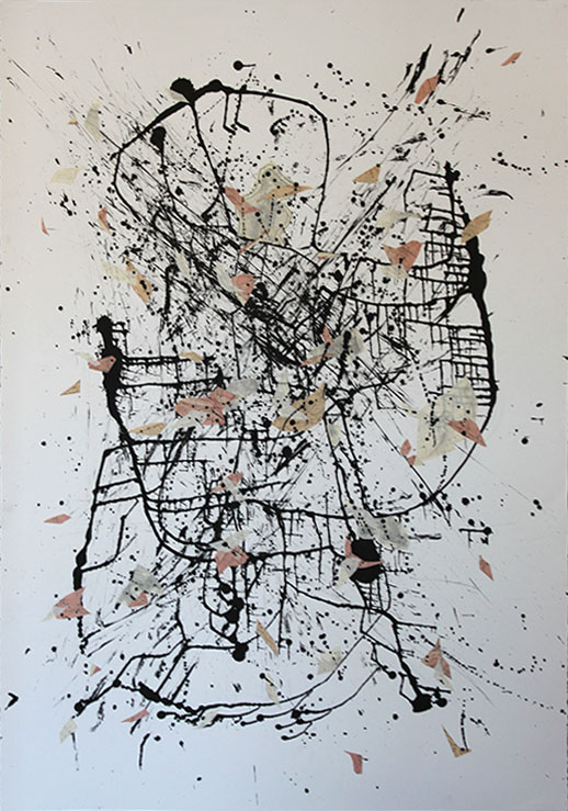 ink, blown ink, and collaged antique USGS maps on paper, 44" x 30", 2017