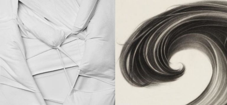 Left: Stella Zhang, 0-Viewpoint-3-58 (detail), 2016. Right: Hong Chun Zhang, Small Wave #2 (detail), 2018.