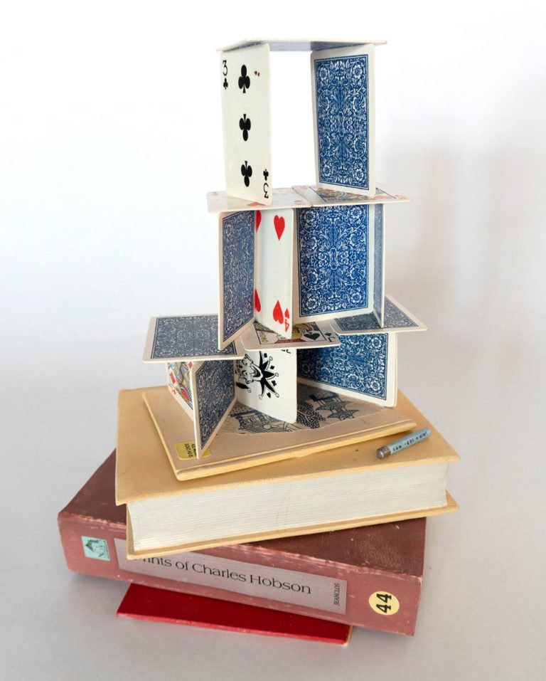 Blue House of Cards on Three Books, 2019, Glazed ceramic with overglaze details, 11" x 12" x 15"