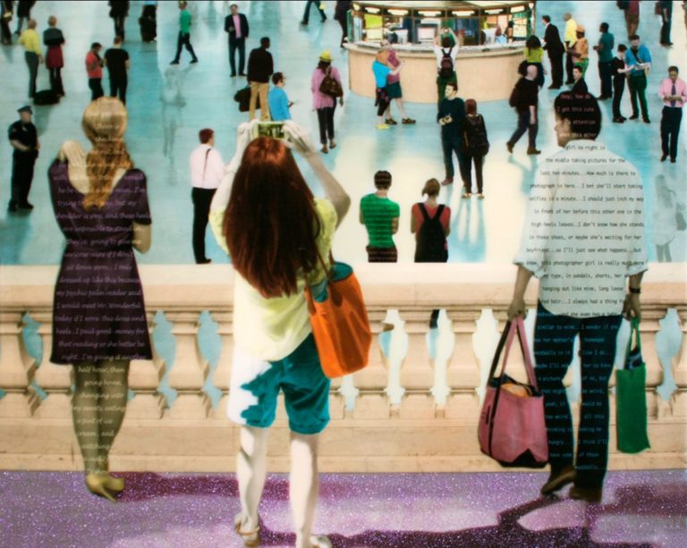 Inner Thoughts and Outer Actions (Grand Central Station, NYC), 2018 Photo images, narrative text, oil and resin on wood panel, 36 x 46 in