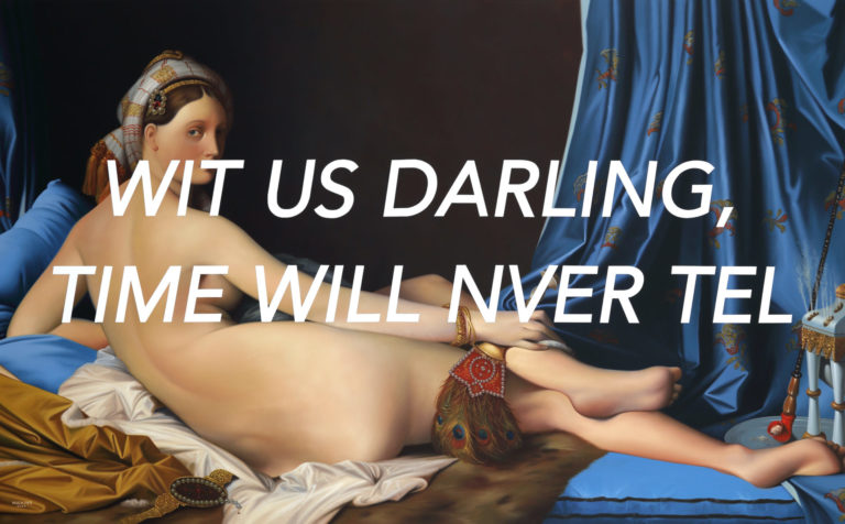 Shawn Huckins, La Grande Odalisque: With Us Darling, Time Will Never Tell, 2020, oil & acrylic on canvas, 48 x 78 inches