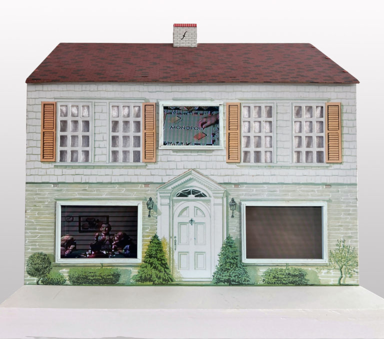 2020, child’s dollhouse with three channels of video, app. 22 x 182 x 20.5 inches (on plenum)