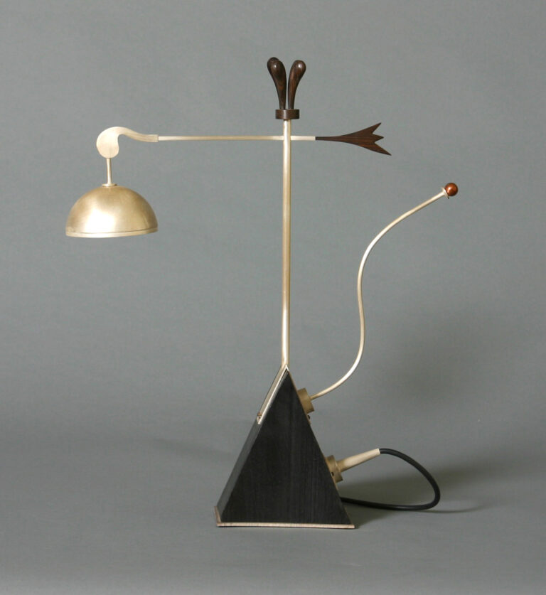 circa '90's, 12”h x 4 “ w  x 17” d, wood, brass, matte-silver plating, lamp parts