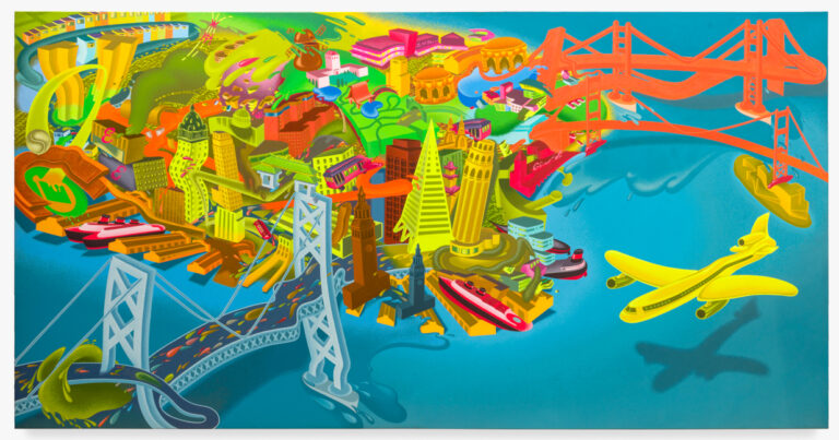 Acrylic on canvas; 67 1/2 x 131 in (170.7 x 332.7 cm). © 2021 Peter Saul / Artists Rights Society (ARS), New York. Courtesy the artist, Venus Over Manhattan, New York, and Berggruen Gallery, San Francisco.