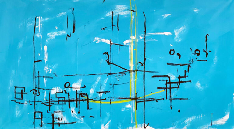 2022, acrylic ground, oil sticks, Belgian linen, quadruped robot, 52 x 90 inches