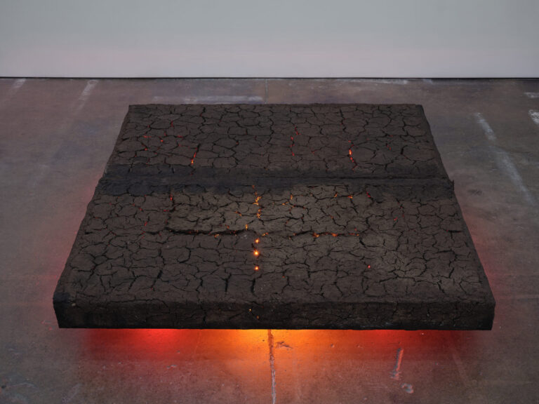 Kiyan Williams, A rupture / a break / a breaking / a break thru / a crack beneath the weight of it all, 2023, Steel tube, expanded steel, earth, binder, led lights, 73 x 76 x 6 in, 185.4 x 193 x 15.2 cm