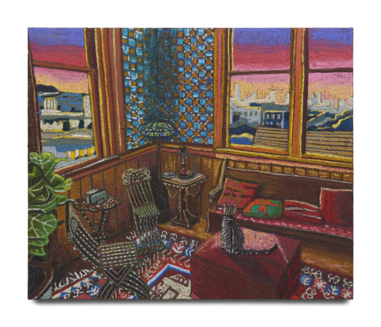 JJ Manford, Sunset at the Westerfeld House, Haight Ashbury, 2022, oil stick, oil pastel and Flashe on burlap over canvas, 50 x 60 inches