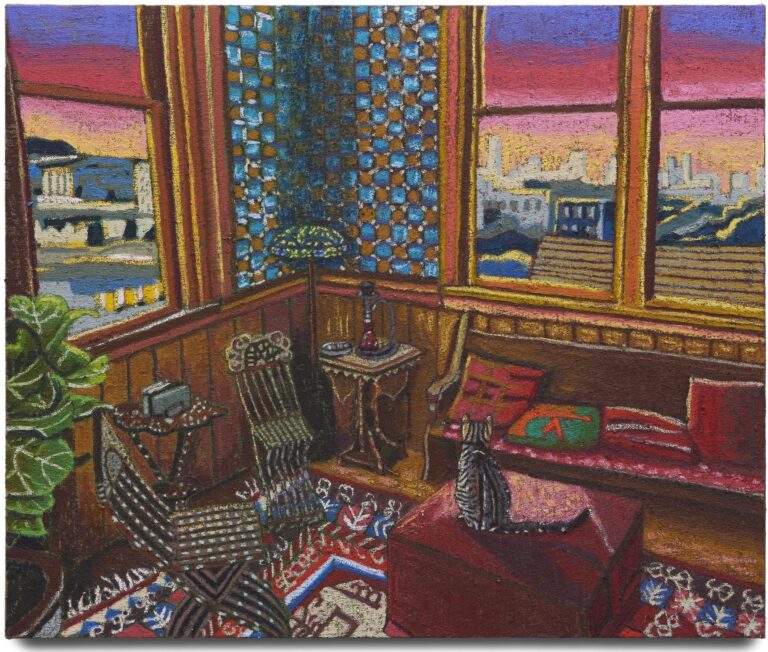 JJ Manford, Sunset at the Westerfeld House, Haight-Ashbury, 2022, oil stick, oil pastel and Flashe on burlap over canvas, 50 x 60 inches