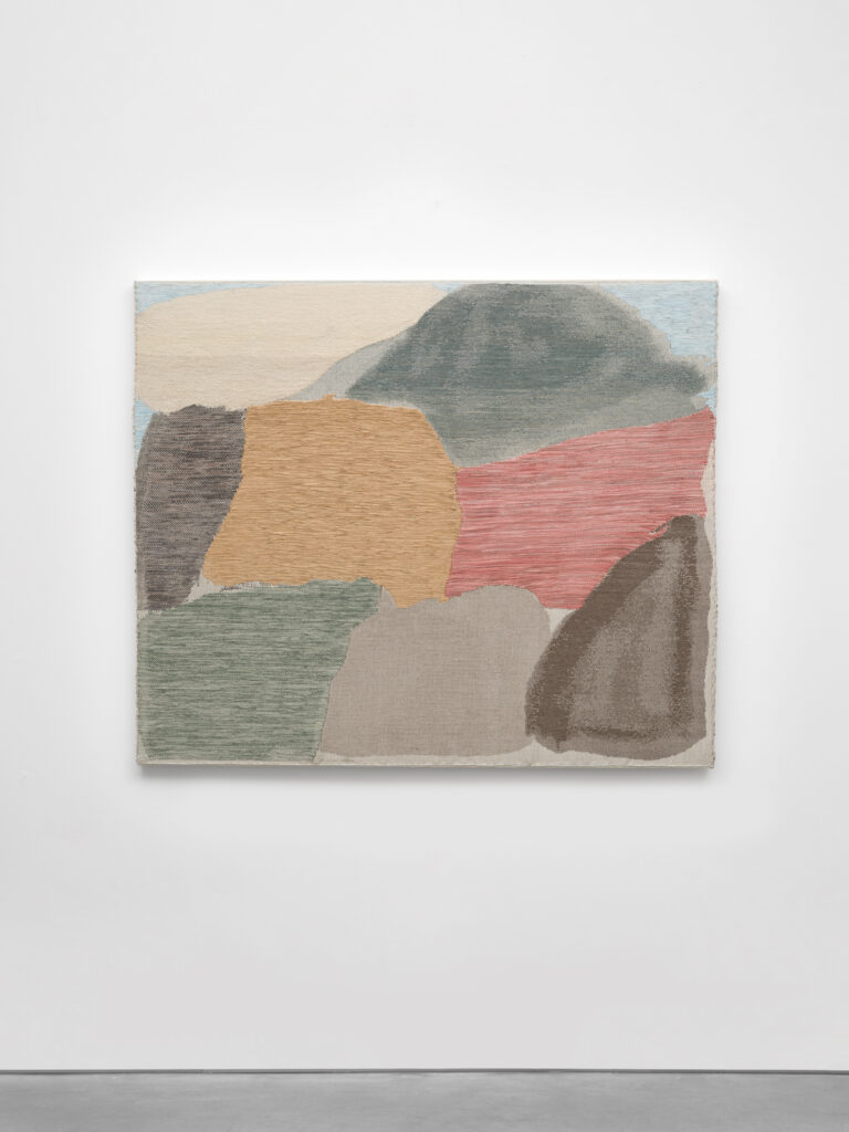 Christy Matson, Range and Sky, 2023, Acrylic, paper, raffia, wool, linen and cotton, 48 x 57 x 1 1/2 inches, 121.9 x 144.8 x 3.8 cm