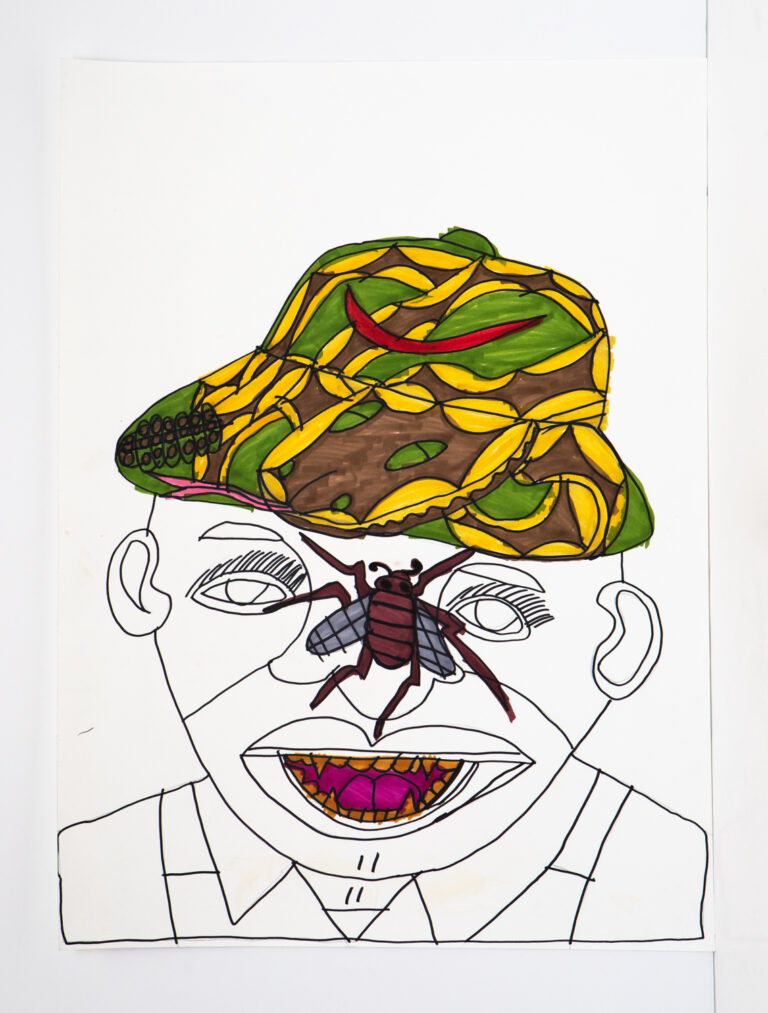 This image depicts a piece of artwork featuring a stylized, line-drawn male face with exaggerated facial features. The subject wears a collared shirt and a hat adorned with a colorful pattern of what appears to be bananas and chili peppers. In place of the nose, there is a large, red and black wasp with detailed wings and antennae. The mouth is open, showcasing teeth with multiple hues, including shades of pink, yellow, and red, set against a dark interior. The artwork has a playful and surreal quality, using bold outlines and vibrant colors to create a striking visual impact.