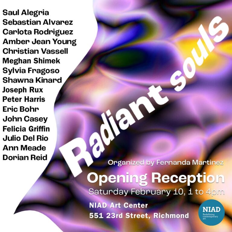 A graphic with the words "Radiant souls" in large white sans serif font floating over a woozily psychedelic background. Artists names and exhibition information are repeated in the caption. NIAD's logo is in the bottom right corner.