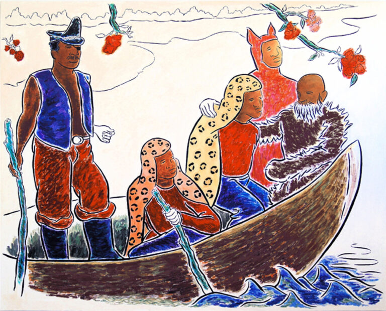 Group of costumed figures in a boat