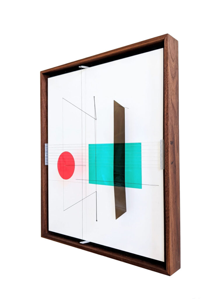 Ramiro Cairo, "Tension and Fracture," 2020, Pen, wire, thread, tinted polycarbonate, and plexiglass, on plywood with kaolin clay in maple frame, 17 x 14.5 x 4 in