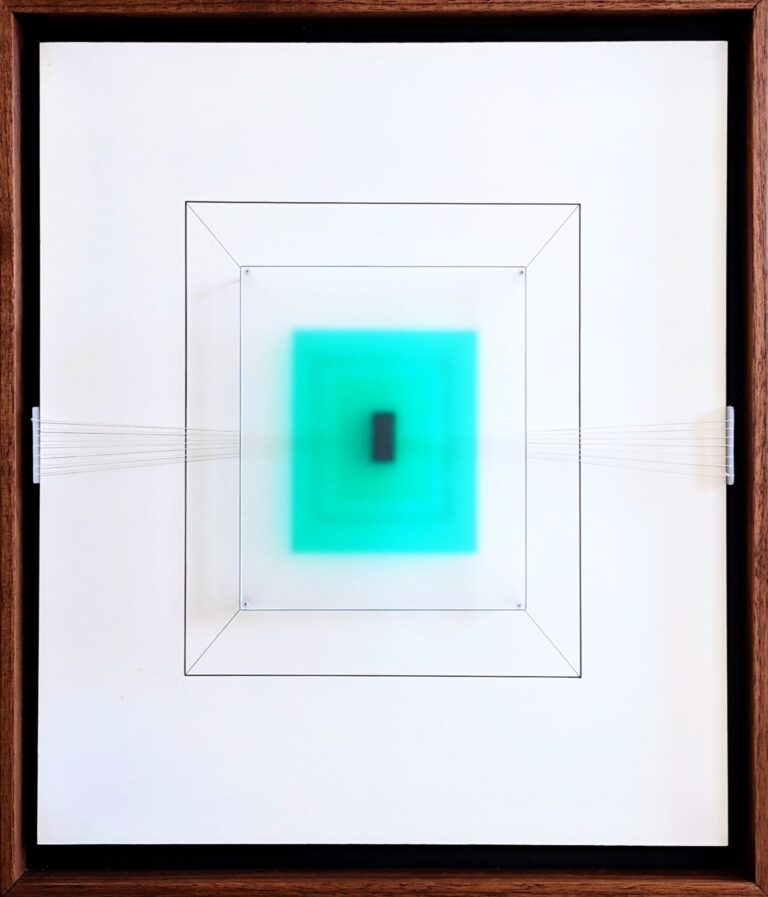 Ramiro Cairo, "Tension and Hope," 2021, Pen, wire, thread, tinted polycarbonate, and plexiglass, on plywood with kaolin clay in maple frame, 17 x 14.5 x 4 in