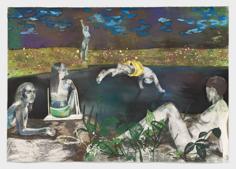 A mixed-media depiction of five figures gathered around a small body of water. Nude and in bathing suits, they lounge, stretch, or dive