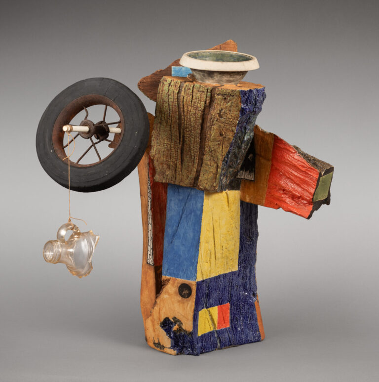 Robert Hudson "Jar with Wheel," 2002 glazed porcelain, rubber, steel, string and glass 21 x 19 x 17 in.