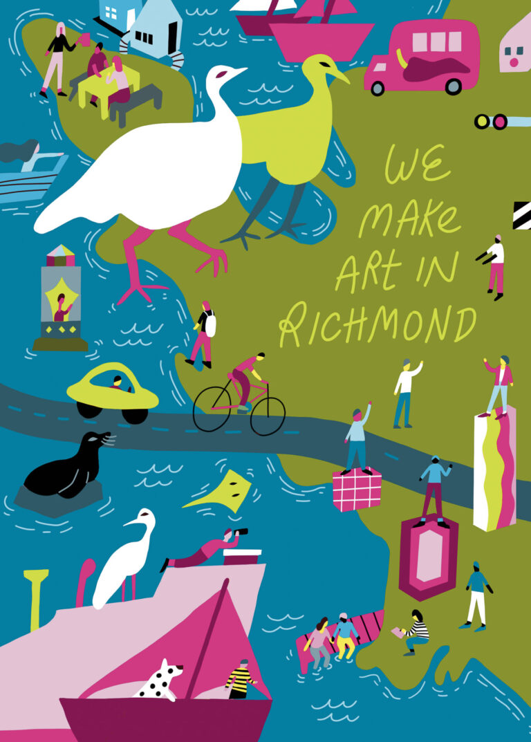 A colorful illustrated map of Richmond, California, with fantastical animals, boats, and people dotting the landscape.