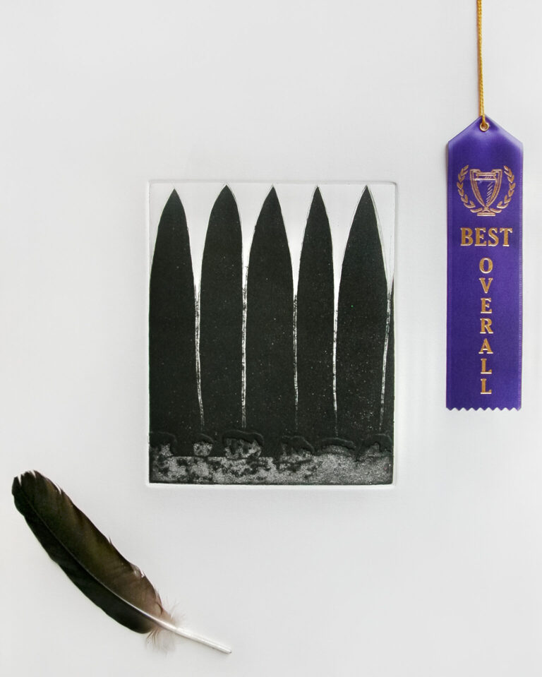 Isabelle Sorrell, Howard Junker and Paul Kos, “Best Overall” Aquatint intaglio, acetate purple ribbon and crow feather, 1992/2023