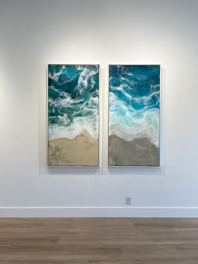 Julie Brookman, Moss Beach and Pueo Bay, Encaustic on panel, 60 x 30 inches each