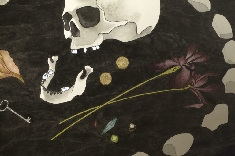 Detail of work on paper by Marci Washington with skull and flowers