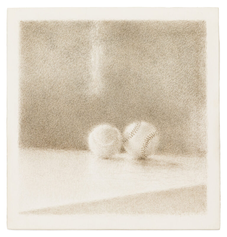 Fred Dalkey "Tennis Ball and Baseball," 2/12/2010 silver point with sgrafitto on paper 9 x 8 1/2 in.