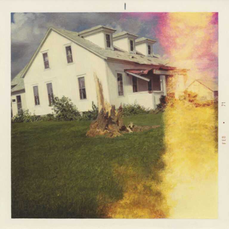 A color image depicting a painting of a light-leaked Polaroid of a damaged house and destroyed tree on a lawn