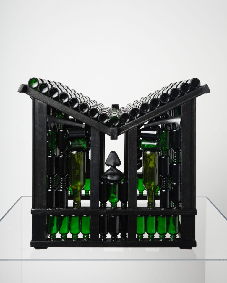 Mildred Howard, Black Has Always Been a Color, Glass bottles, wood, glue, 2024