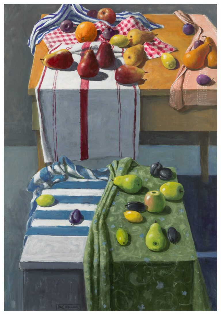 Paul Wonner, Fruit and Kitchen Towels on Two Tables, 2001, acrylic, charcoal, and graphite on paper, 38 1/2 x 27 inches