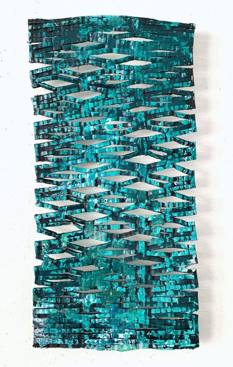 Shy Tiding 2v, Jürgen Trautwein, acrylic on cardboard shred mat, 17” x 8.5”, 2024